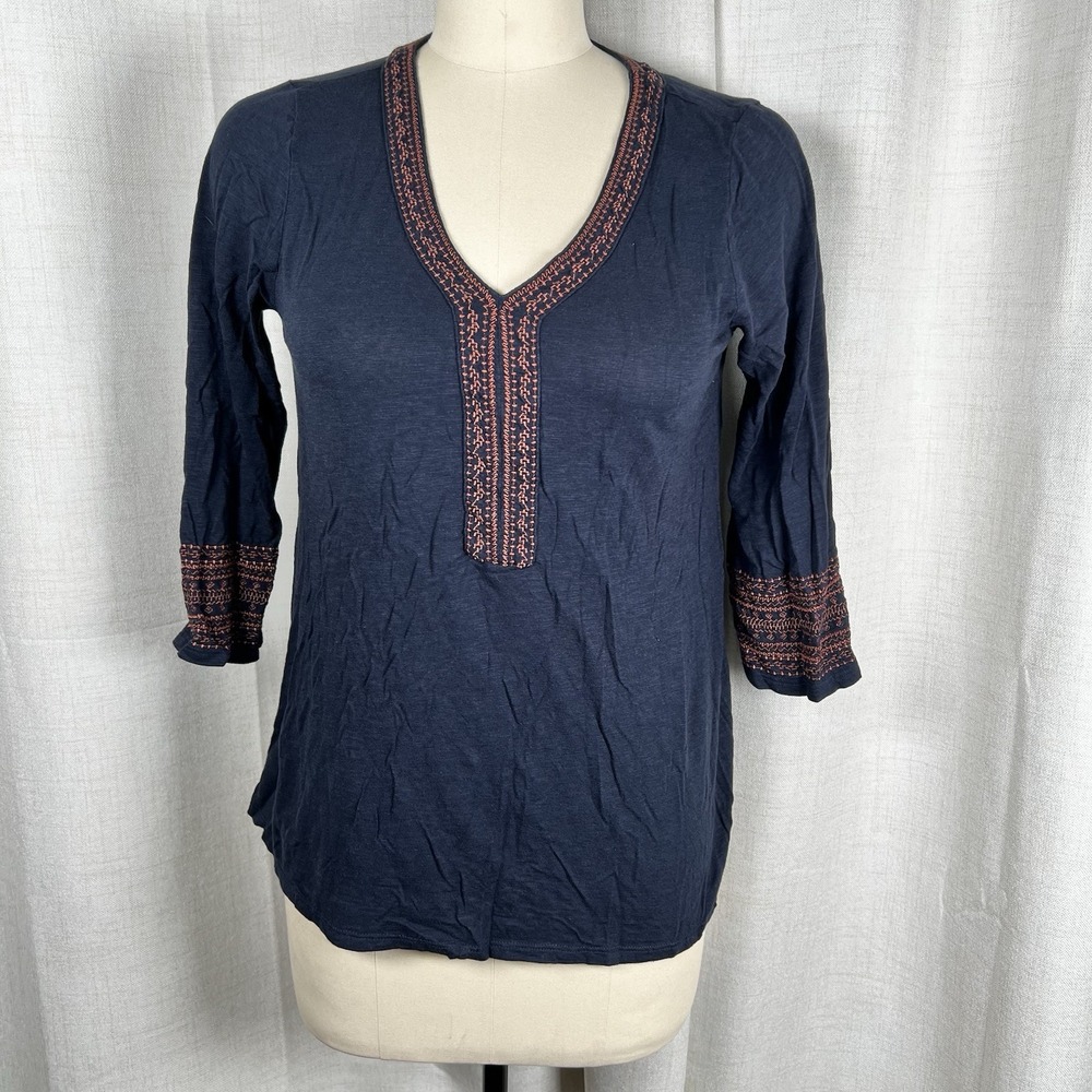 J. Jill Navy Blue Geometric Embroidered Trim V Neck BOHO Tunic Top Petite Small